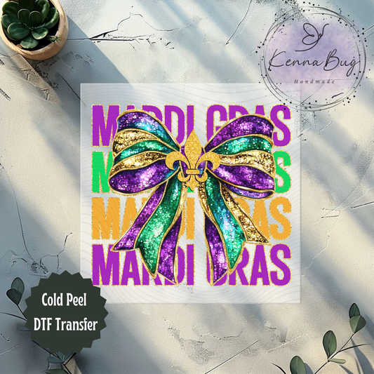 Mardi Gras, Faux Glitter, Bow, New Orleans, DTF Transfer, Ready to Press, Shirt Transfer, Heat Transfer, Direct to film Transfer