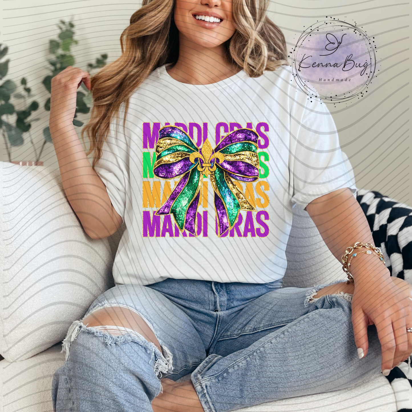 Mardi Gras, Faux Glitter, Bow, New Orleans, DTF Transfer, Ready to Press, Shirt Transfer, Heat Transfer, Direct to film Transfer