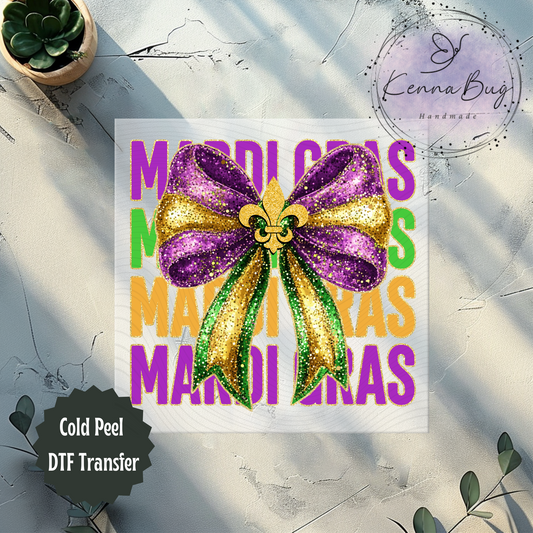 Mardi Gras, Faux Glitter, Bow, New Orleans, DTF Transfer, Ready to Press, Shirt Transfer, Heat Transfer, Direct to film Transfer