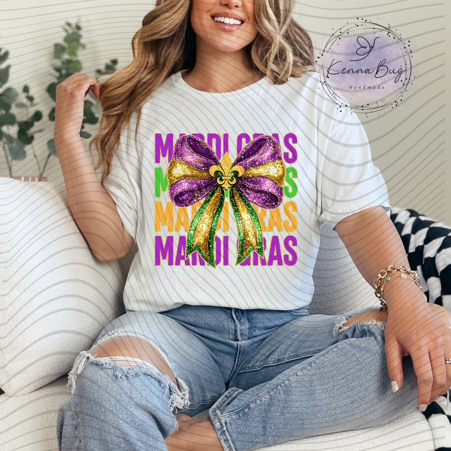 Mardi Gras, Faux Glitter, Bow, New Orleans, DTF Transfer, Ready to Press, Shirt Transfer, Heat Transfer, Direct to film Transfer