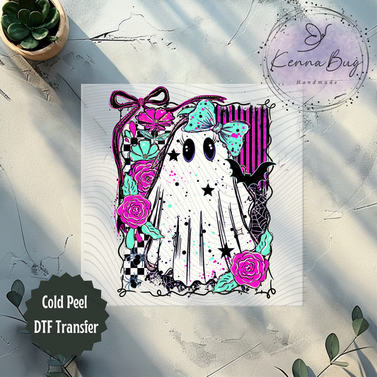 Pink Ghost, Floral, Halloween, DTF Transfer, Ready to Press, Shirt Transfer, Heat Transfer, Direct to film Transfer