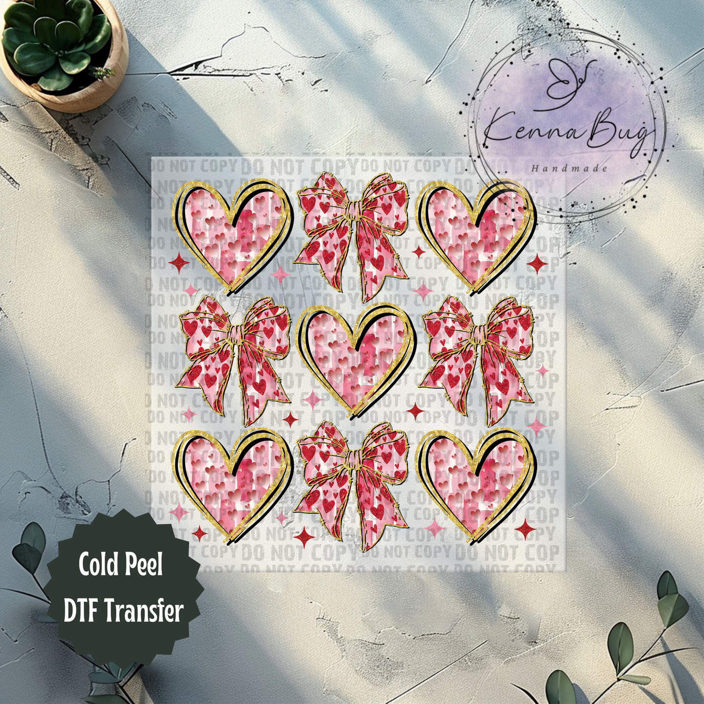 Pink Gold Hearts and Bows, Valentines Day, DTF Transfer, Ready to Press, Shirt Transfer, Heat Transfer, Direct to film Transfer