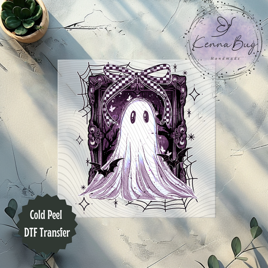 Purple Spooky Ghost,  Halloween, Checkered Bow, Bats, DTF Transfer, Ready to Press, Shirt Transfer, Heat Transfer, Direct to film Transfer