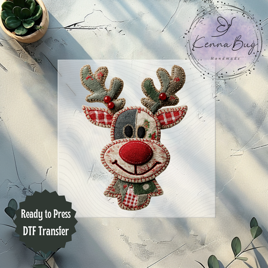 Faux Patchwork, Christmas Reindeer, DTF Transfer, Ready to Press, Shirt Transfer, Heat Transfer, Direct to film Transfer