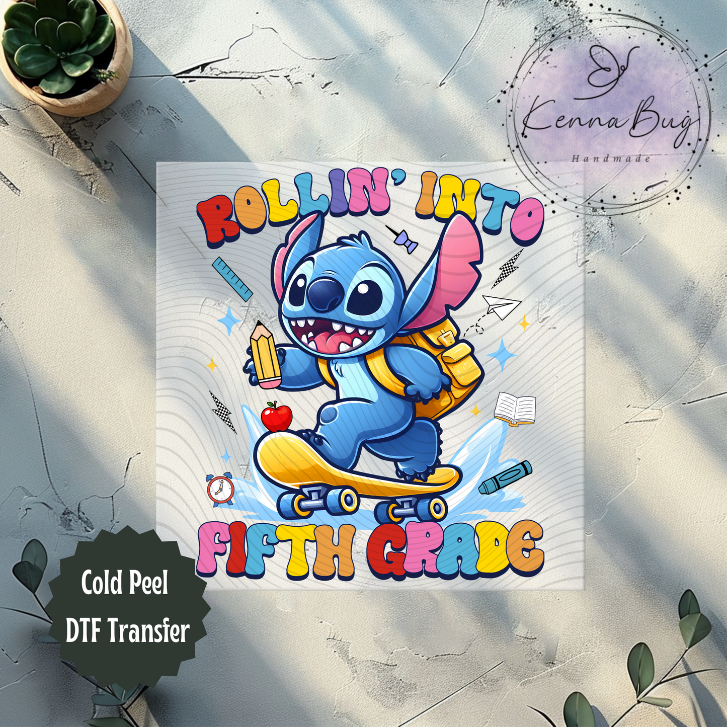 Rolling Into Fifth Grade, Stitch, Back to School, Skateboard, DTF Transfer, Ready to Press, Shirt Transfer, Heat Transfer, Direct to film Transfer