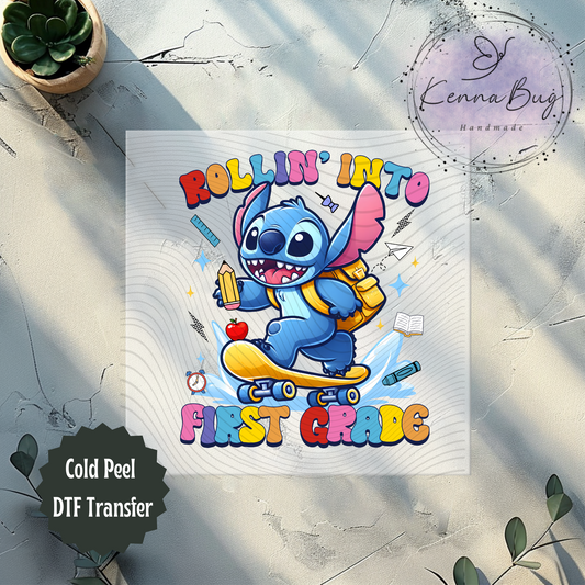 Rolling Into First Grade, Stitch, Back to School, Skateboard, DTF Transfer, Ready to Press, Shirt Transfer, Heat Transfer, Direct to film Transfer