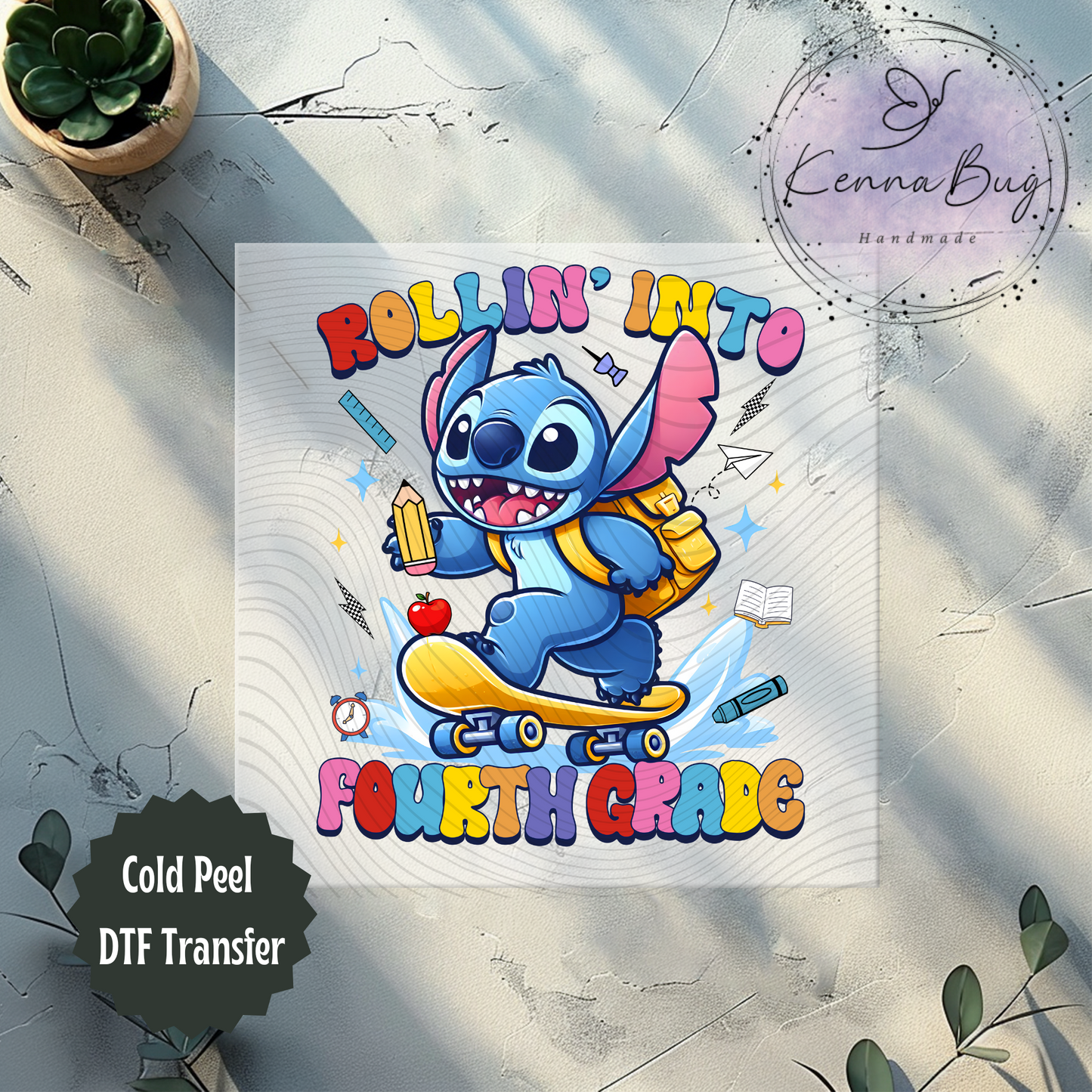 Rolling Into Fourth Grade, Stitch, Back to School, Skateboard, DTF Transfer, Ready to Press, Shirt Transfer, Heat Transfer, Direct to film Transfer