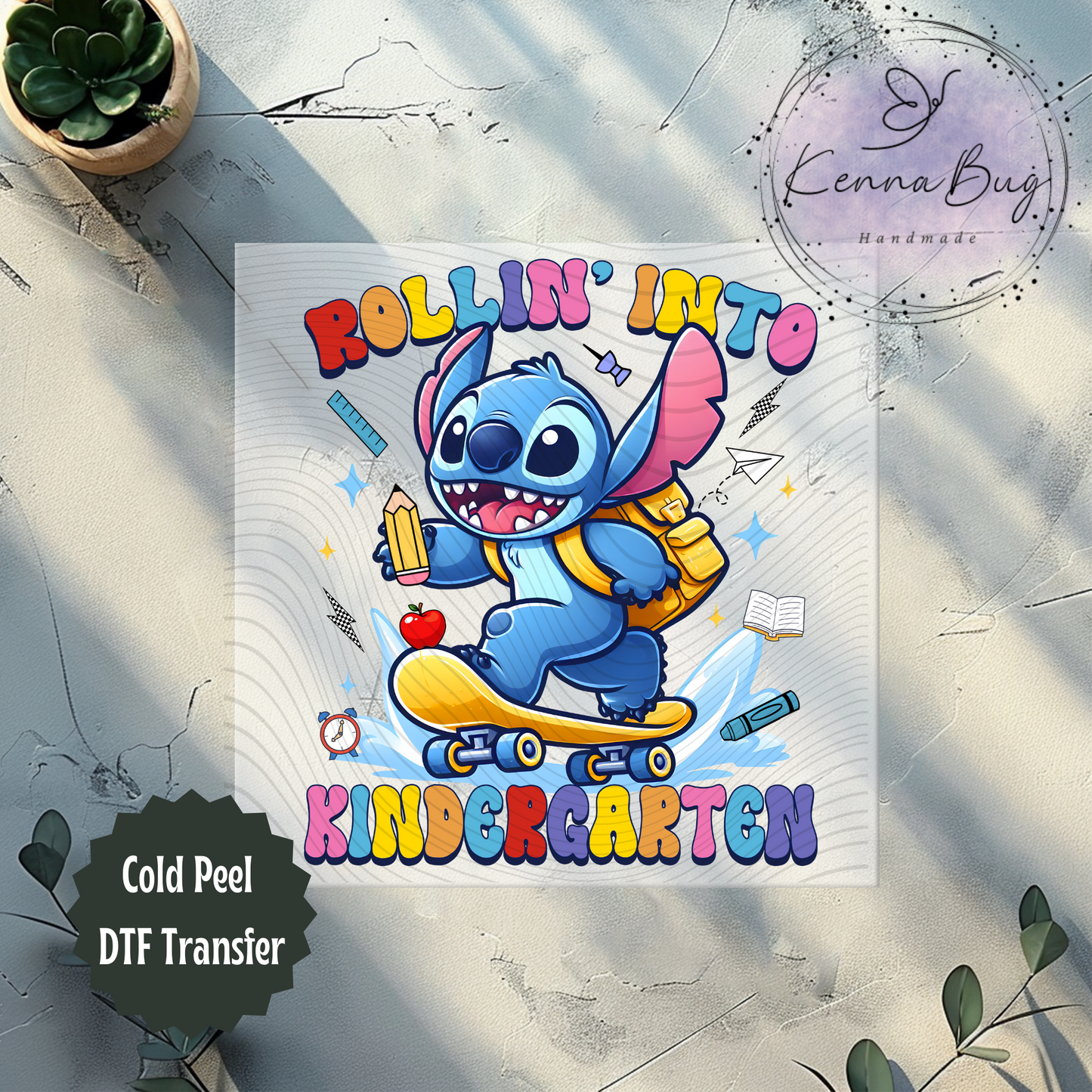 Rolling Into Kindergarten, Stitch, Back to School, Skateboard, DTF Transfer, Ready to Press, Shirt Transfer, Heat Transfer, Direct to film Transfer