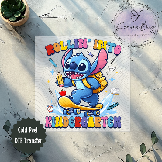 Rolling Into Kindergarten, Stitch, Back to School, Skateboard, DTF Transfer, Ready to Press, Shirt Transfer, Heat Transfer, Direct to film Transfer