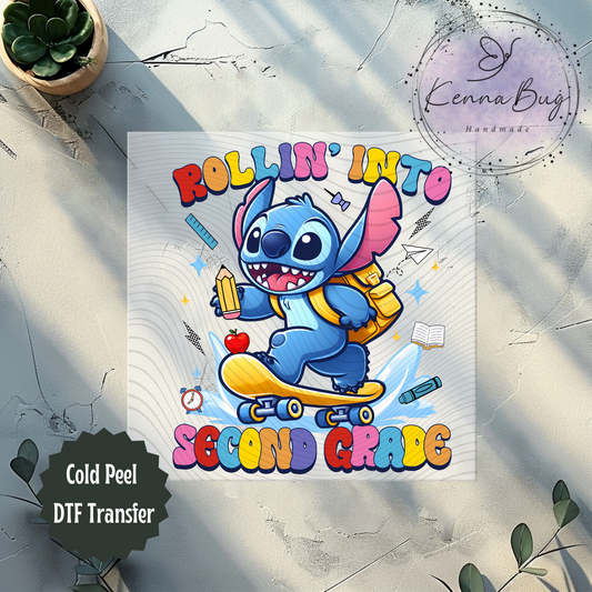 Rolling Into Second Grade, Stitch, Back to School, Skateboard, DTF Transfer, Ready to Press, Shirt Transfer, Heat Transfer, Direct to film Transfer