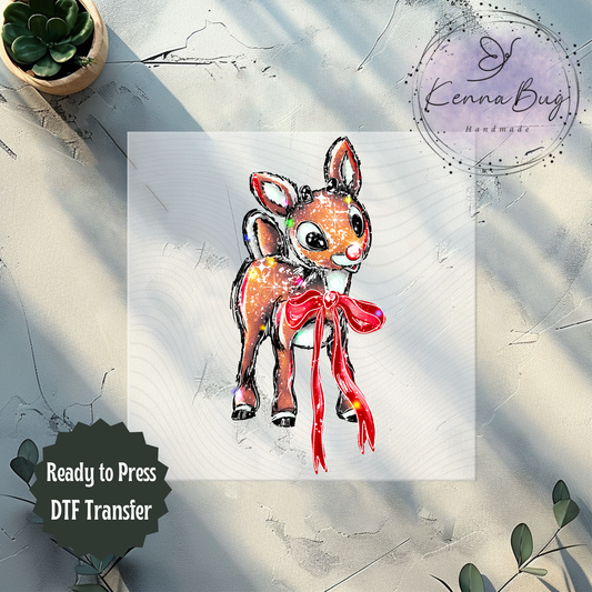 Christmas Reindeer with Bow, DTF Transfer, Ready to Press, Shirt Transfer, Heat Transfer, Direct to film Transfer