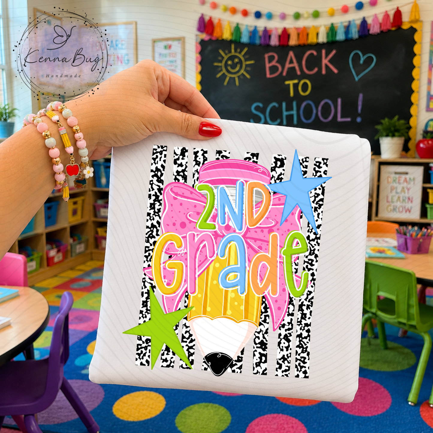 Second Grade, 2nd Grade, Back to School, Pencil, Bow, DTF Transfer, Ready to Press, Shirt Transfer, Heat Transfer, Direct to film Transfer