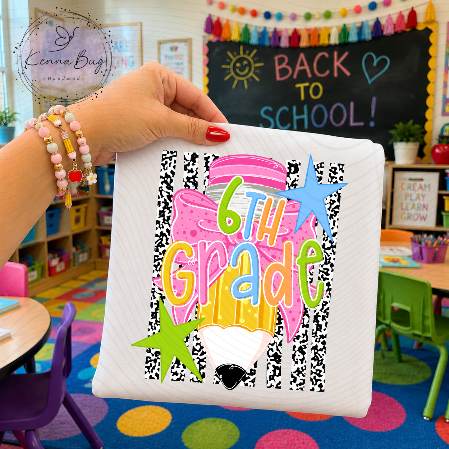 Sixth Grade, 6th Grade, Back to School, Pencil, Bow, DTF Transfer, Ready to Press, Shirt Transfer, Heat Transfer, Direct to film Transfer