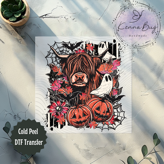 Spooky Highland Cow, Ghost, Halloween, Pumpkins, DTF Transfer, Ready to Press, Shirt Transfer, Heat Transfer, Direct to film Transfer