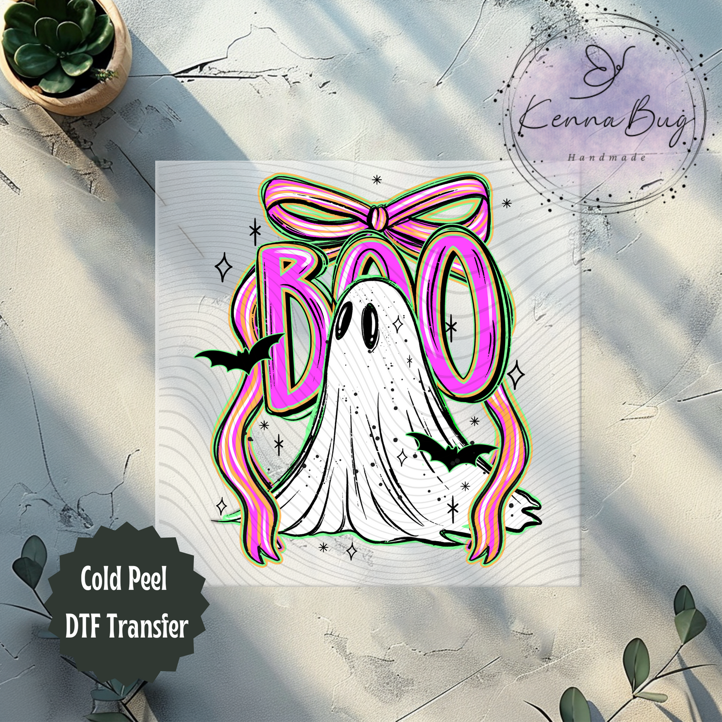 Striped Bow, Pink Boo, Ghost, Halloween, DTF Transfer, Ready to Press, Shirt Transfer, Heat Transfer, Direct to film Transfer