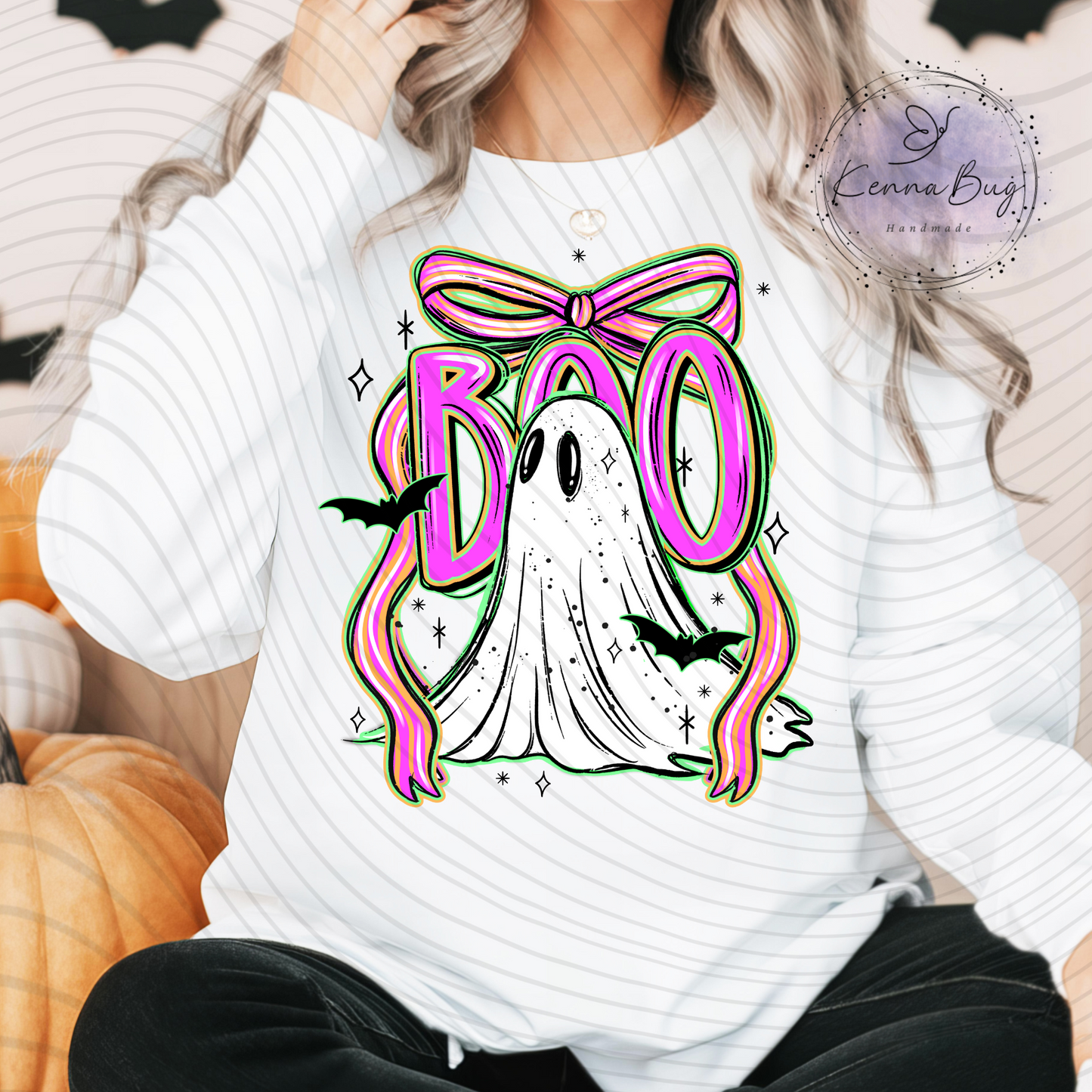 Striped Bow, Pink Boo, Ghost, Halloween, DTF Transfer, Ready to Press, Shirt Transfer, Heat Transfer, Direct to film Transfer