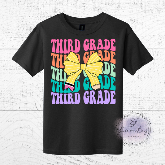 Third Grade, Back to School, Pencil Bow, Custom T-Shirt, Pick your Color, Graphic Tee, Youth Gildan Soft Style, Kids