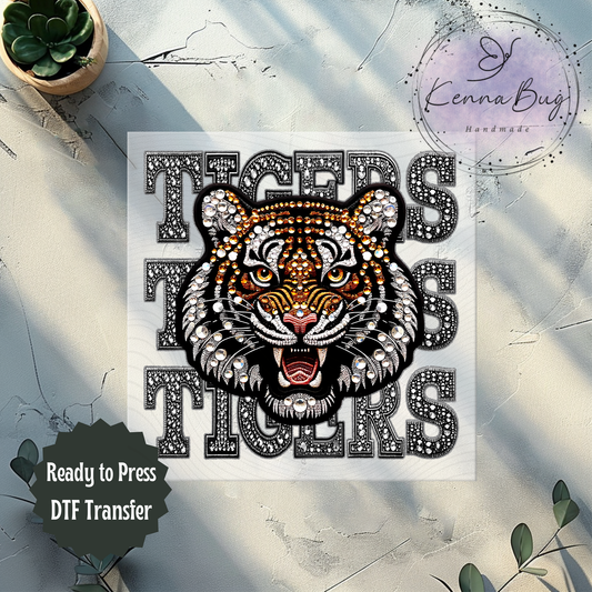 Tigers, Sports Team, Faux Rhinestones, Black, Orange, DTF Transfer, Ready to Press, Shirt Transfer, Heat Transfer, Direct to film Transfer