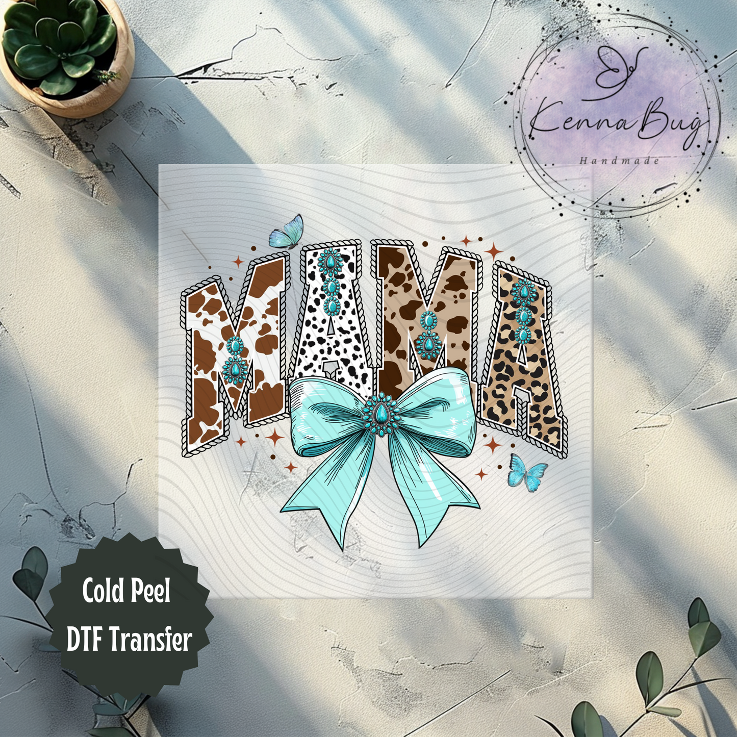 Western Mama, Turquoise, Cow Print, Bow, DTF Transfer, Ready to Press, Shirt Transfer, Heat Transfer, Direct to film Transfer