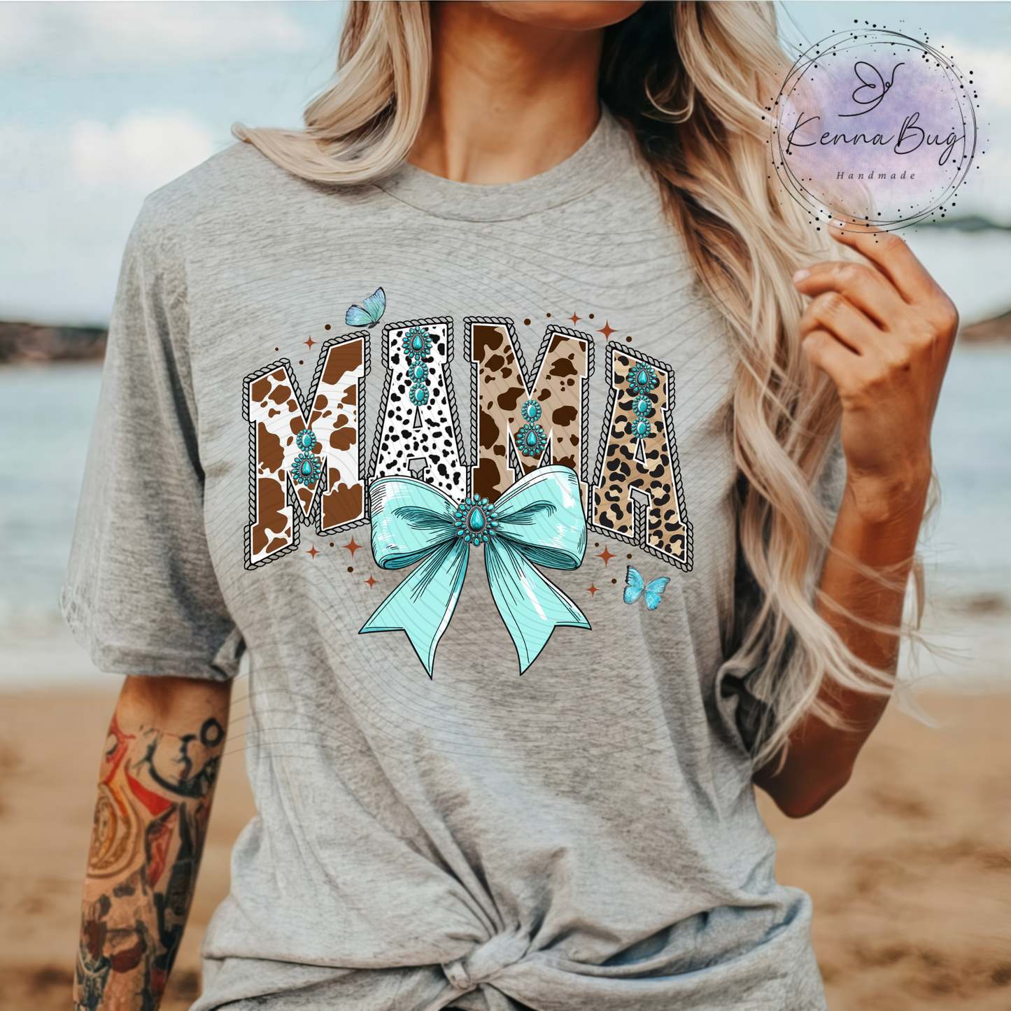 Western Mama, Turquoise, Cow Print, Bow, DTF Transfer, Ready to Press, Shirt Transfer, Heat Transfer, Direct to film Transfer