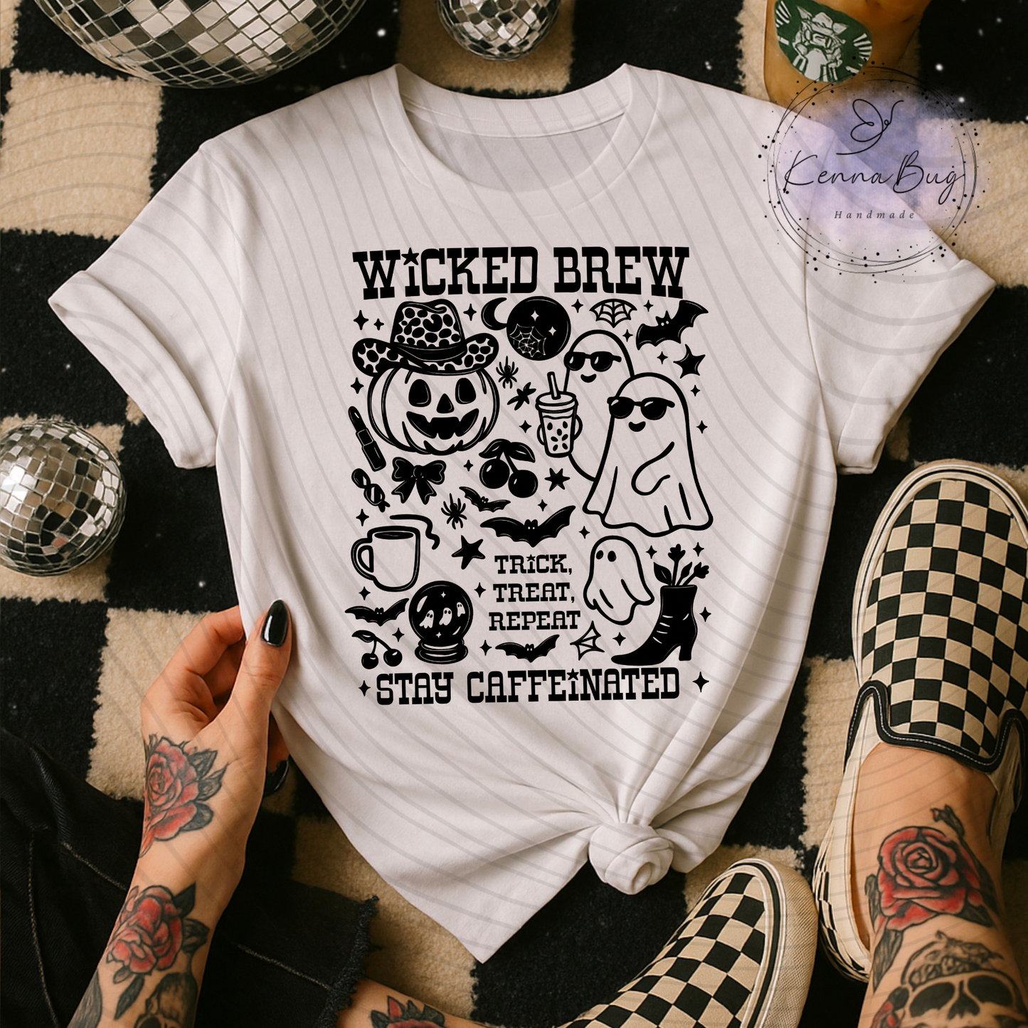 Wicked Brew, Stay Caffeinated, Halloween, Ghost, Pumpkin, Black, DTF Transfer, Ready to Press, Shirt Transfer, Heat Transfer, Direct to film Transfer