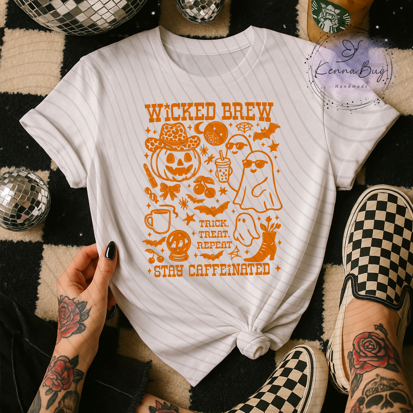 Wicked Brew, Stay Caffeinated, Halloween, Ghost, Pumpkin, Orange, DTF Transfer, Ready to Press, Shirt Transfer, Heat Transfer, Direct to film Transfer